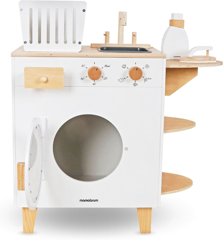 Mamabrum MAM163 Kinder-Waschmaschinen-Set aus Holz, Spielzeug-Einbauwaschmaschine mit Bügeleisen & W