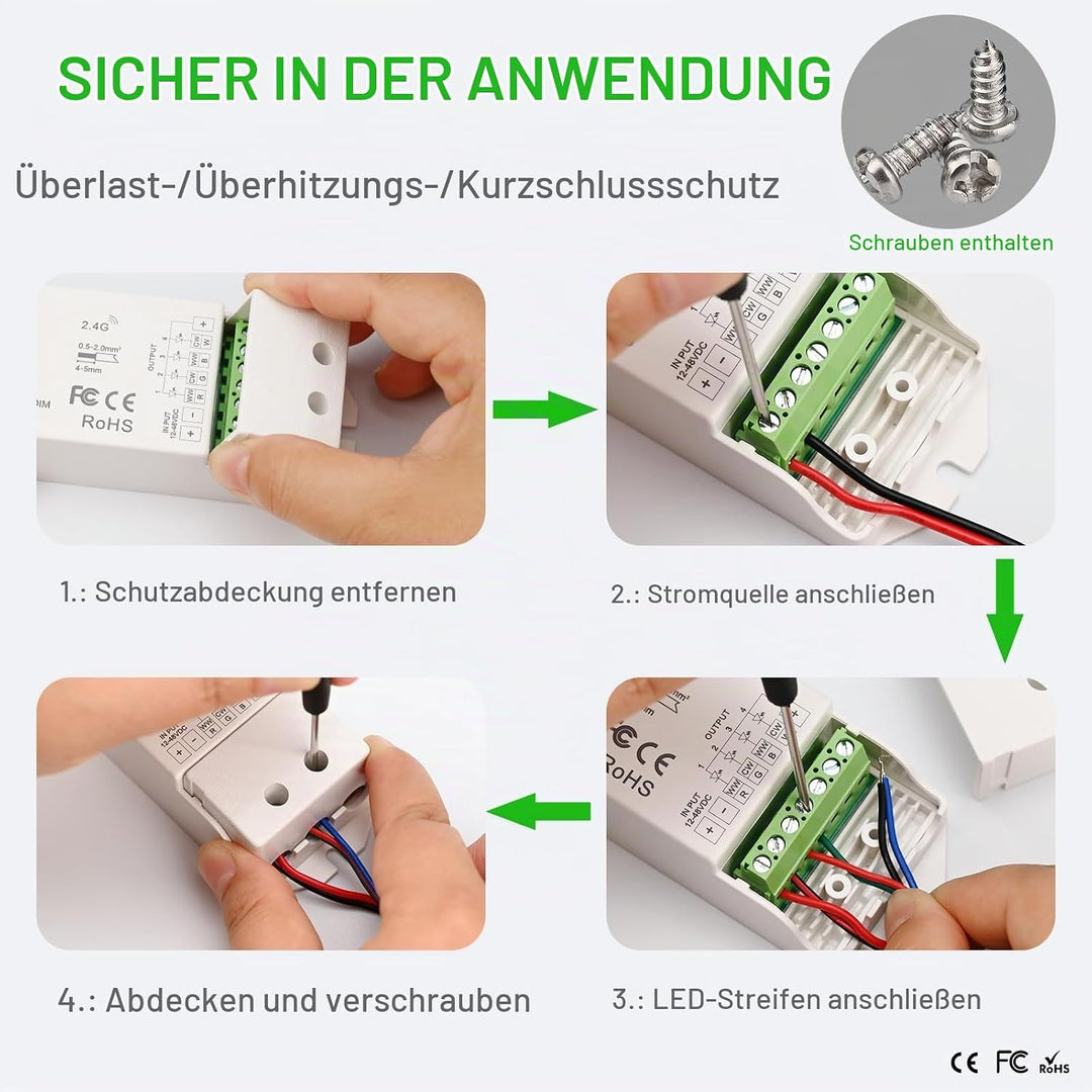 JOYLIT LED Streifen Controller 12-48V 4 Polig 5A/CH 4 in 1, 2.4G PWM Dimmbarer Farbwechsel RGB RGBW