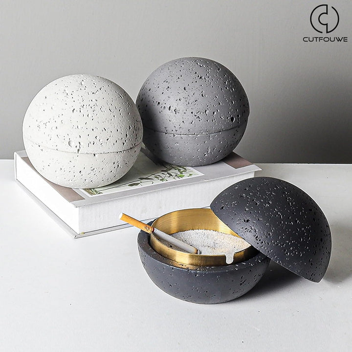 Cutfouwe Mülleimer Mit Deckel-Beton + Edelstahl-Φ12.5Cm X H10.8Cm -Wasserdicht/Winddicht,Grau Gray G