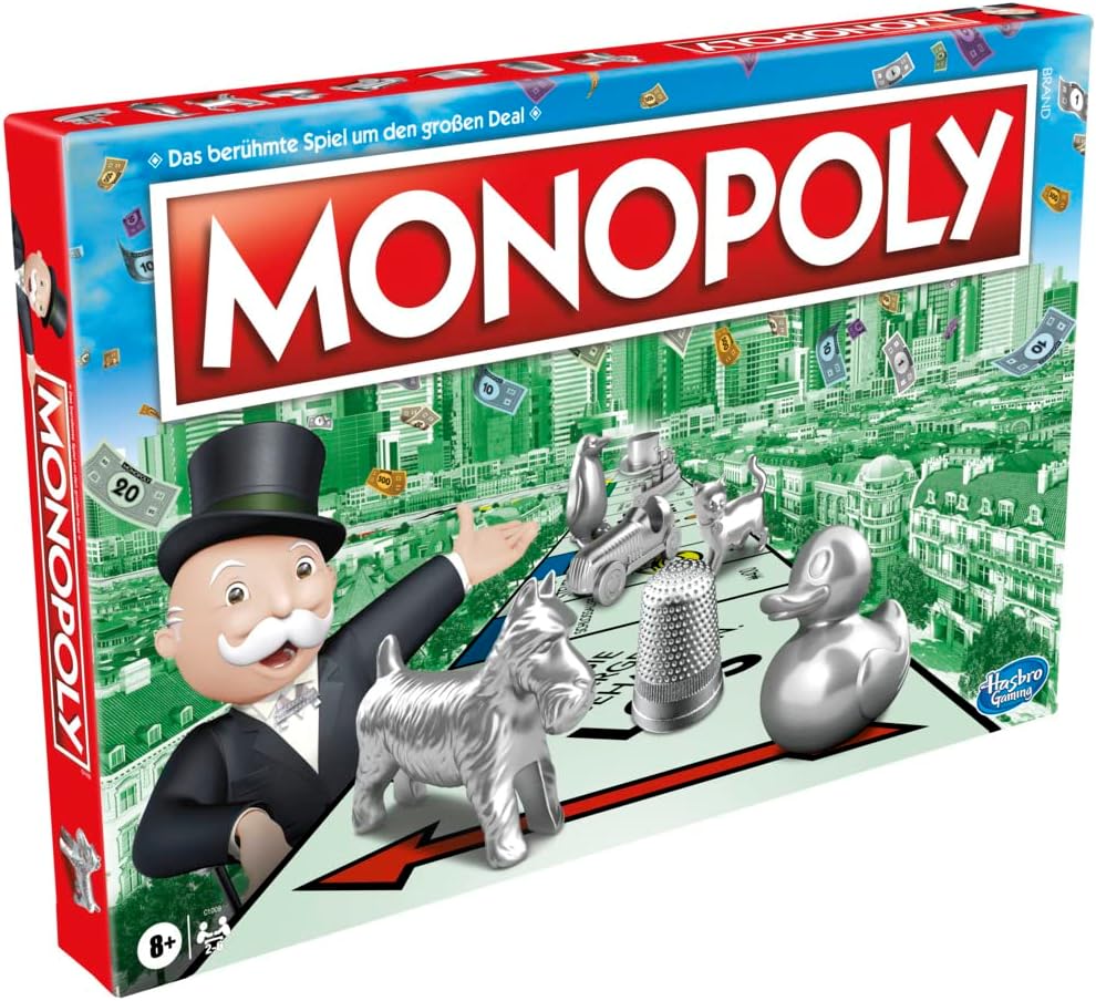 Monopoly Spiel, Familien-Brettspiel für 2 bis 6 Spieler, ab 8 Jahren für Kinder, mit 8 Spielfiguren