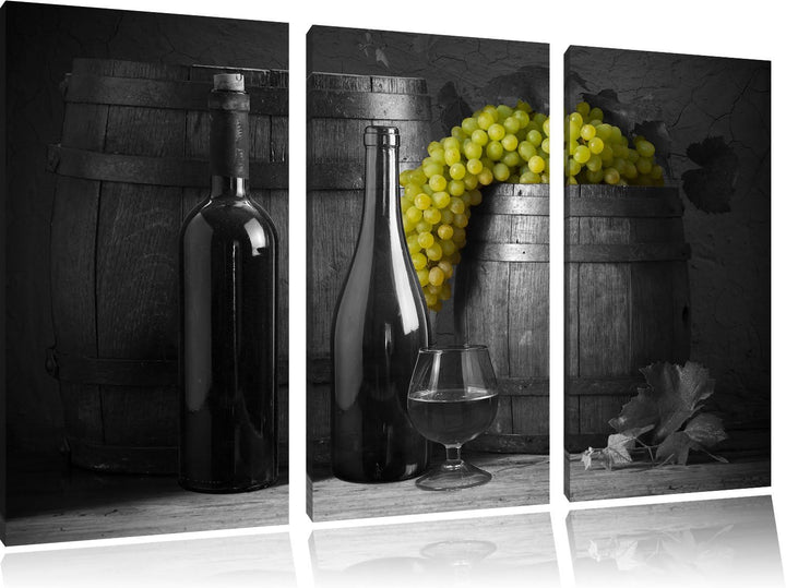 Pixxprint Fässer mit Weintrauben und Wein als Leinwandbild/Grösse: 3 Teilig (120x80) cm/Wandbild/Kun