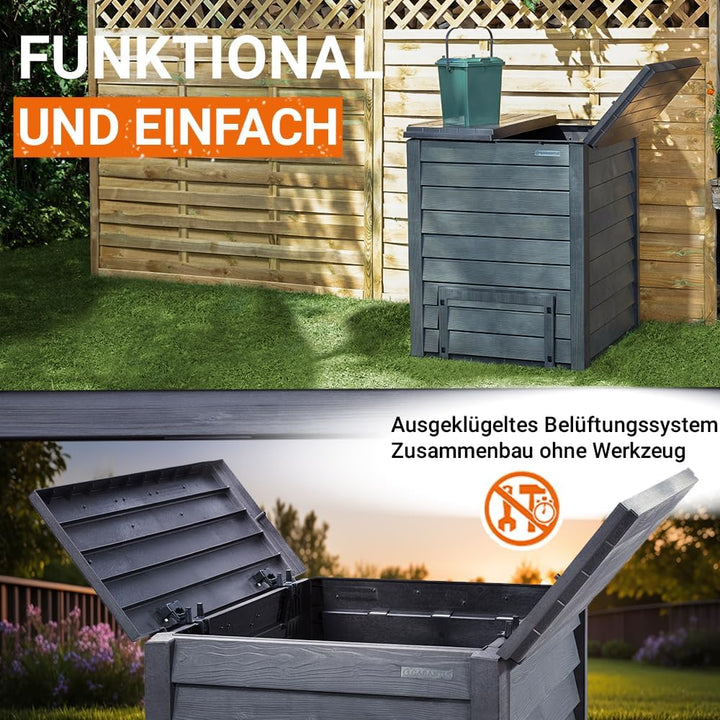 GARANTIA Thermo-Wood Komposter 400 Liter anthrazit-braun - Komposter Garten, Schnellkomposter, Abfal