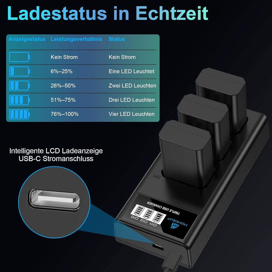 Homesuit NP-FW50 Akku 1300mAh und DREI Schlitze LCD Ladegerät Kit für Sony ZV-E10, Alpha A6000, A650