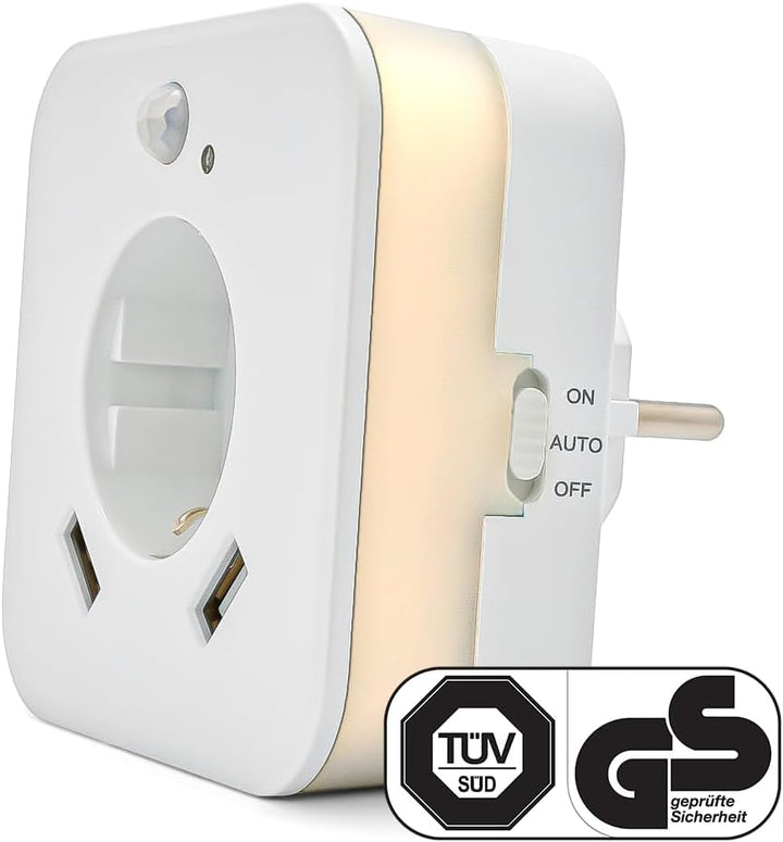 smrter LED-Nachtlicht mit Bewegungsmelder und Steckdose, 2x USB 2.4A, weiss, automatischer Lichtsens