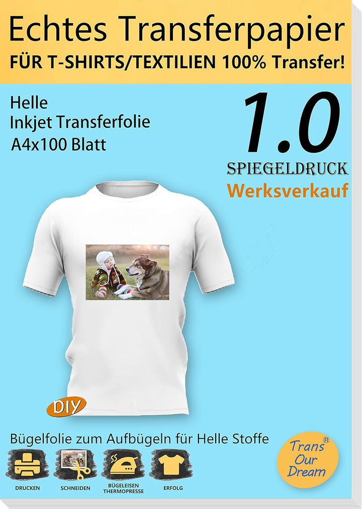TransOurDream ECHTE Inkjet Bügelfolie Transferfolie Transferpapier A4X100 Blatt, T-Shirt Folie zum A