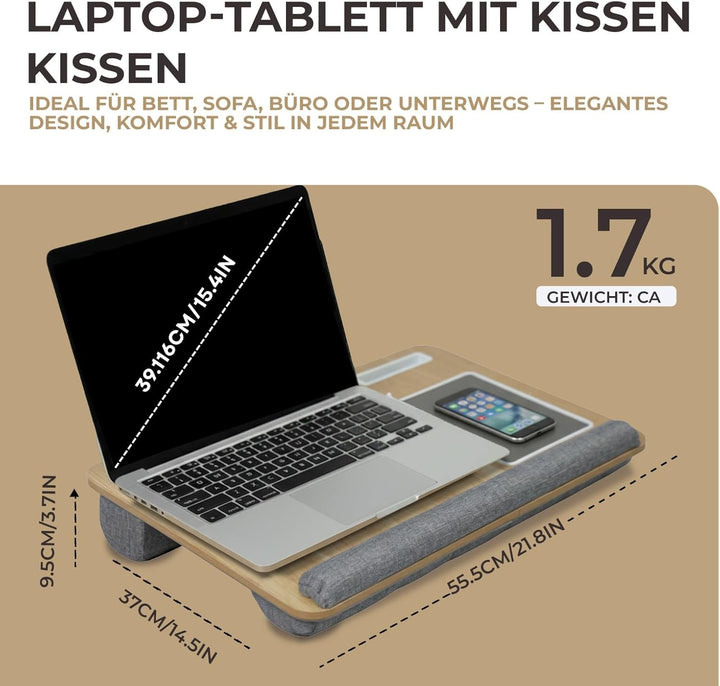 Laptopkissen für Bett & Sofa – Knietablett mit Kissen, Handyhalter & Handgelenkauflage – Passend bis
