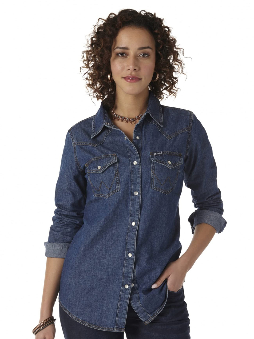 Wrangler Damen Retro Langarm Western Denim Snap Shirt Hemd M Dunkles Denim, M Dunkles Denim