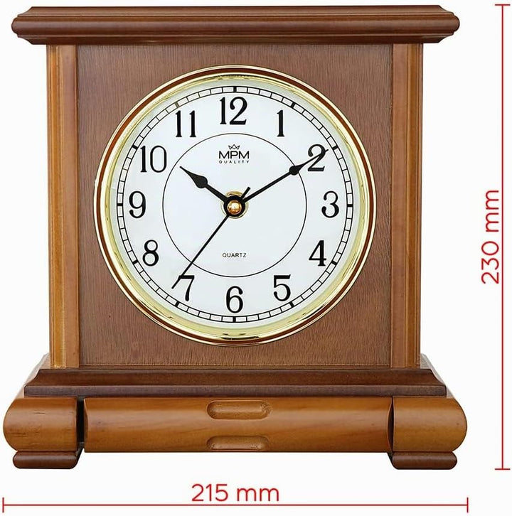 MPM Quality Retro Light Wood Tischuhr, Braun, Traditionelle und Elegante Holztischuhr, Arabische Zif
