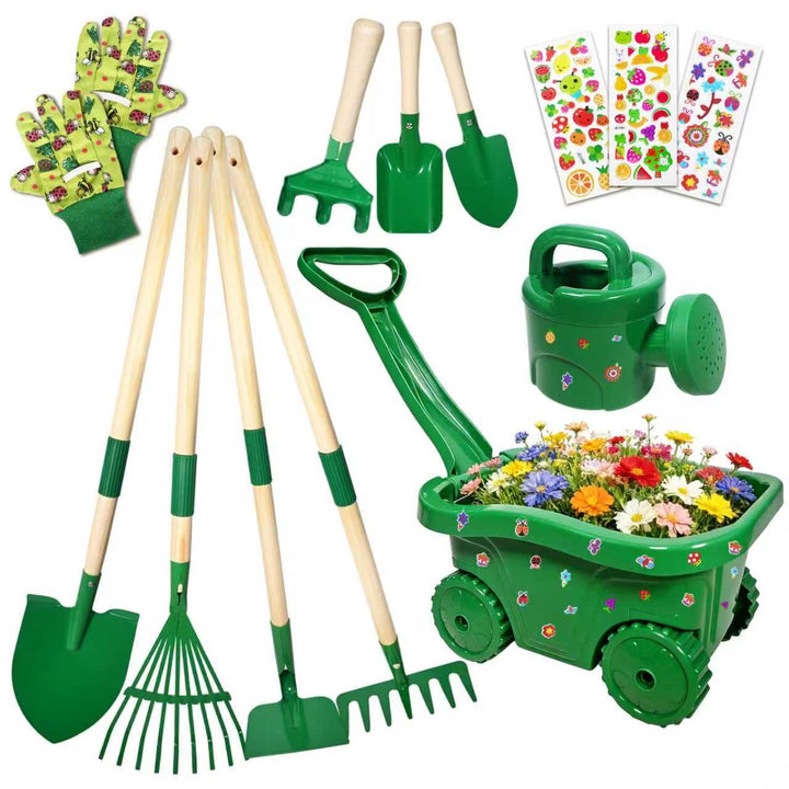 Schubkarre für Kinder, 13 Gartenwerkzeug Set für Kinder, Gartenset mit Schubkarre Kind, Kinderschubk