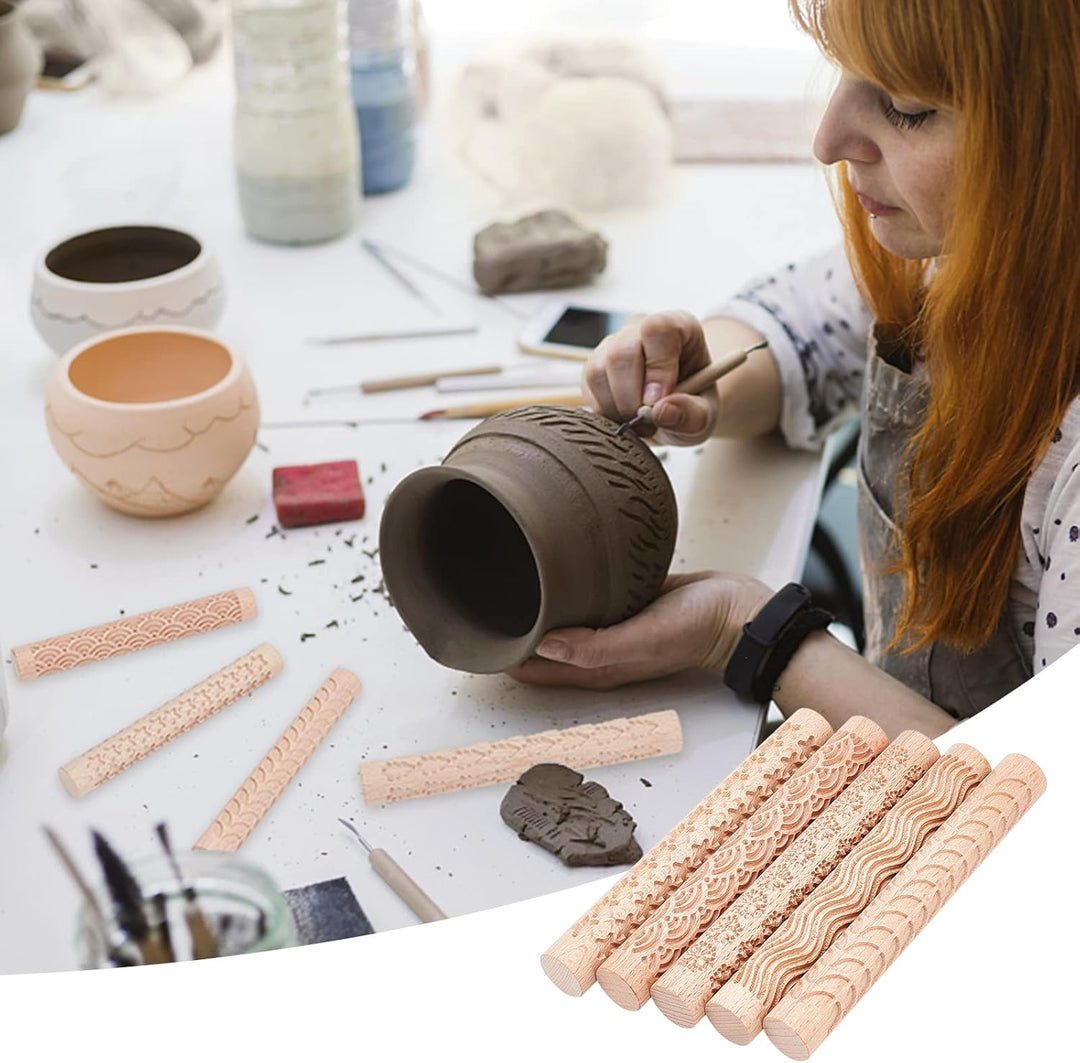 GORGECRAFT 5 Styles Holzgriff Clay Texture Roller 6 Zoll Modelliermuster Töpferwerkzeuge Handgeferti