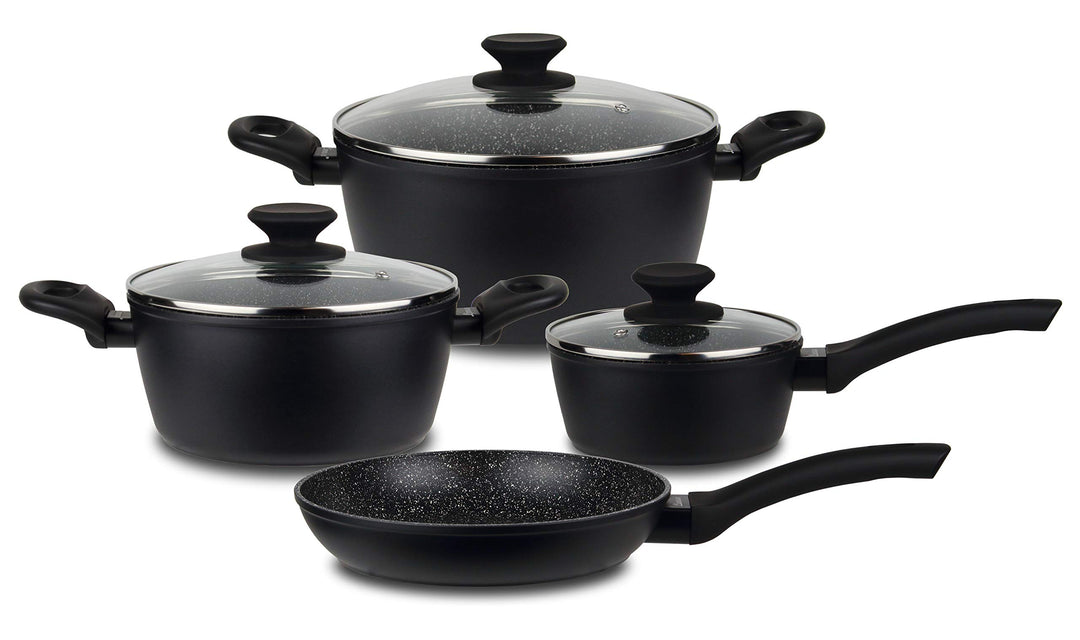 Linnuo Topfset Topf Pfannenset 7tlg - 3 Töpfe mit Glasdeckel & 1 Pfanne - Alu Kochtopf Set Marmor Ke