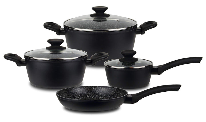 Linnuo Topfset Topf Pfannenset 7tlg - 3 Töpfe mit Glasdeckel & 1 Pfanne - Alu Kochtopf Set Marmor Ke