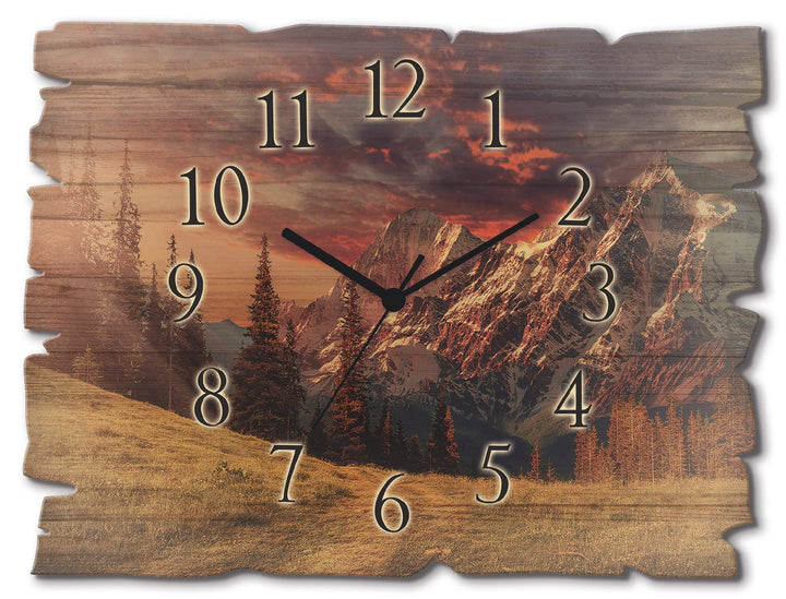ARTLAND Wanduhr ohne Tickgeräusche aus Holz Funk Uhr lautlos 40x30 cm Rechteckig Alpen Landschaft Be