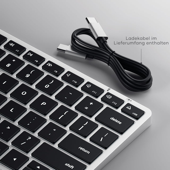 SATECHI Slim X1 Bluetooth Tastatur, 𝗤𝗪𝗘𝗥𝗧𝗬-𝗟𝗮𝘆𝗼𝘂𝘁, Hintergrundbeleuchtung, kompatibel mit vielen Ger