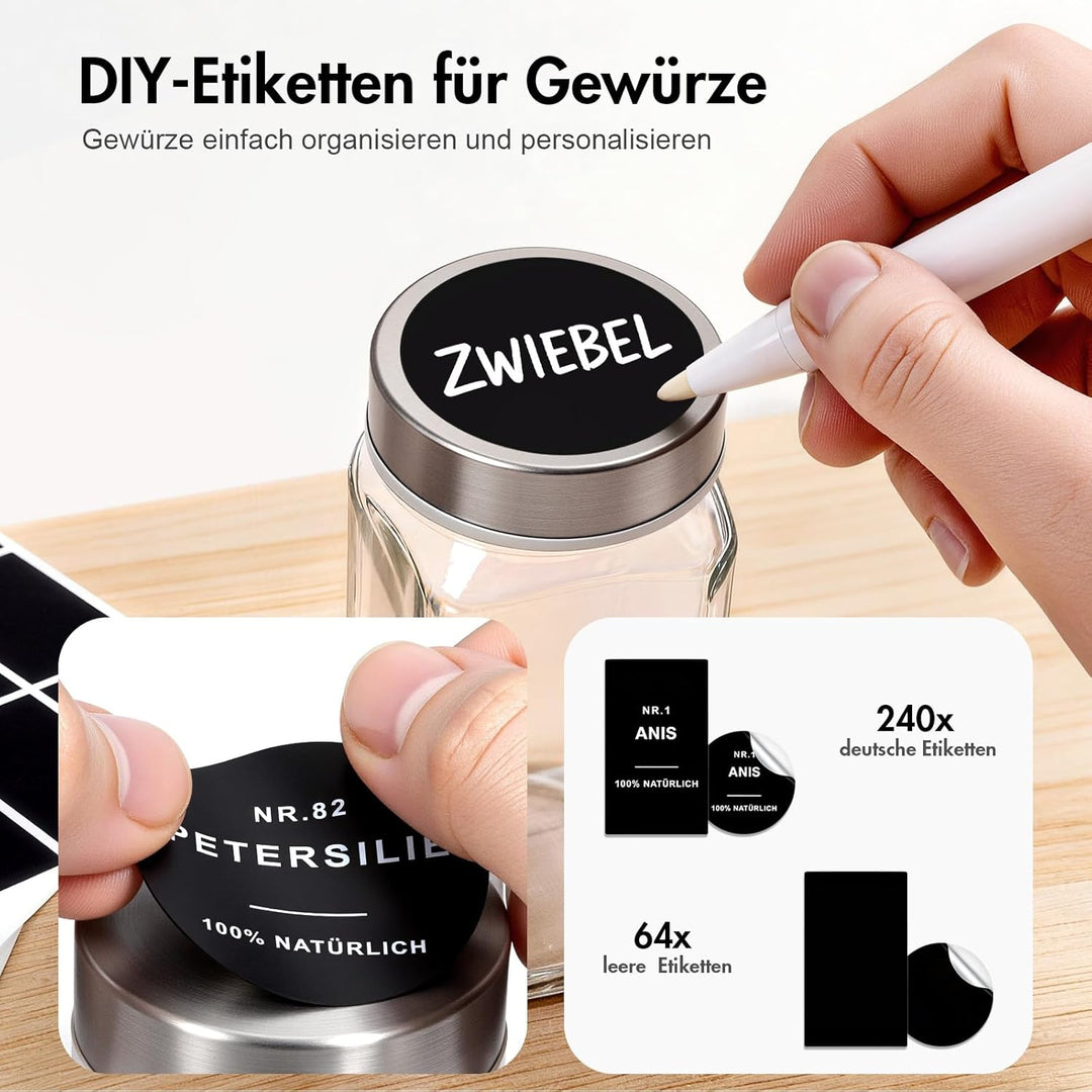 Gewürzgläser eckig mit Edelstahl Deckel Set 24er :120 ml Gewürzdosen Glas mit Etiketten & Streueinsa