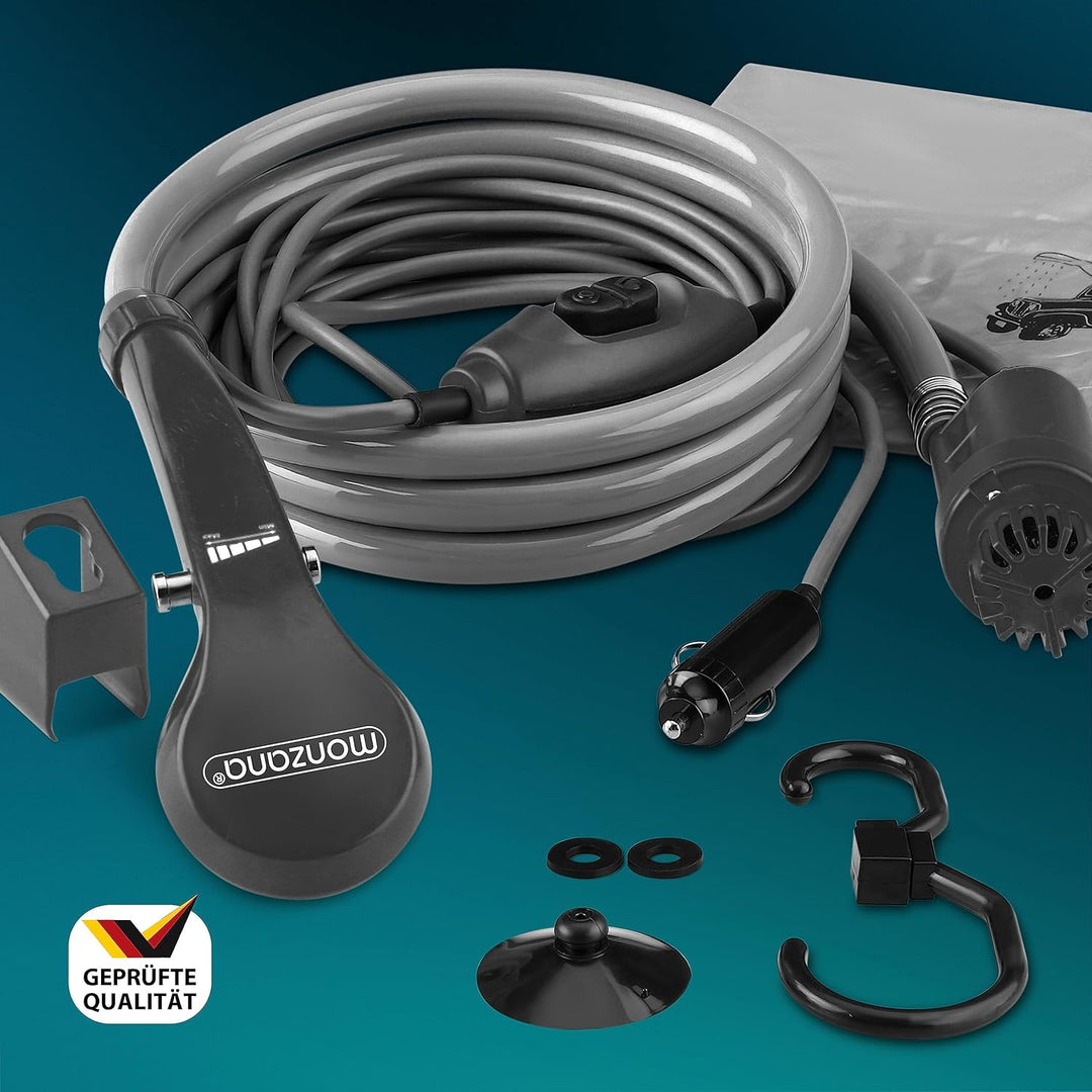 Monzana® Campingdusche tragbar mit Pumpe 12V KFZ-Adapter Aufbewahrungstasche 2m Schlauch 5m Stromkab