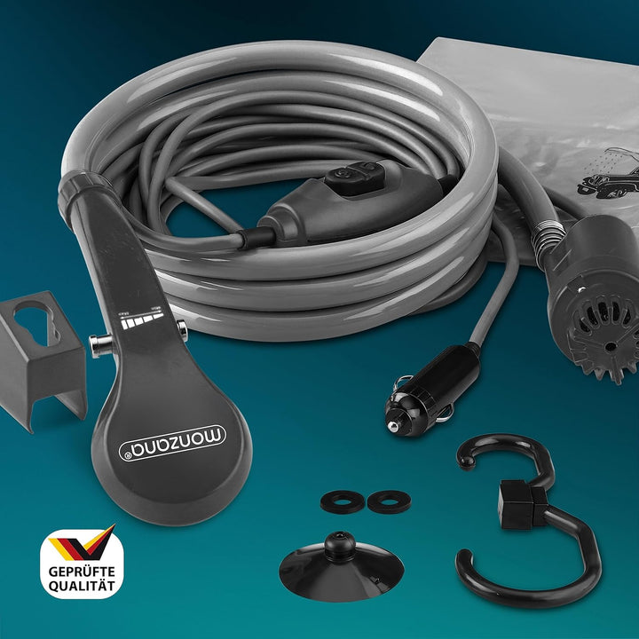 Monzana® Campingdusche tragbar mit Pumpe 12V KFZ-Adapter Aufbewahrungstasche 2m Schlauch 5m Stromkab