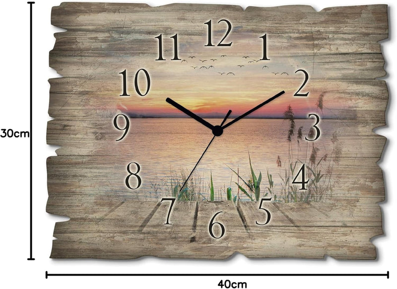 ARTLAND Wanduhr ohne Tickgeräusche aus Holz Funkuhr 40x30 cm Rechteckig Lautlos See Steg Landschaft