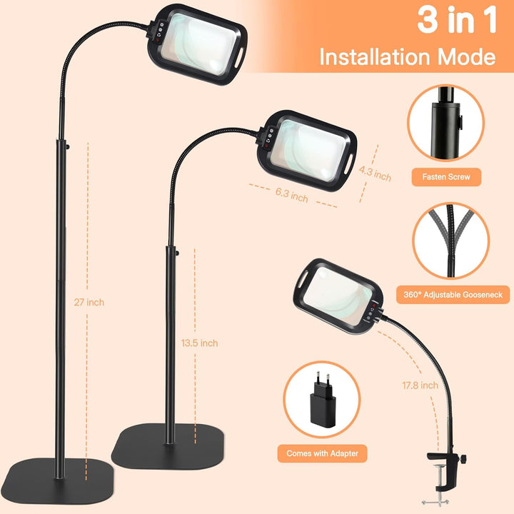 10X 30X Standlupe mit Licht und Ständer, 3 in 1 Lupenlampe mit 60 LED, Rechteckige Schwanenhals Lupe