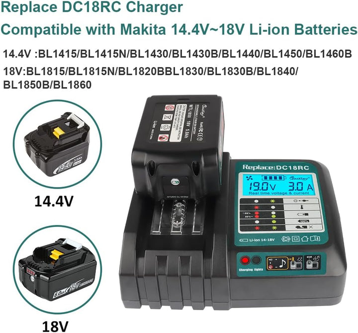 DC18RC 18V Schnellladegerät Kompatibel mit Makita 14,4 V-18 V Ersatzakku mit LCD-Anzeige BL1830B BL1