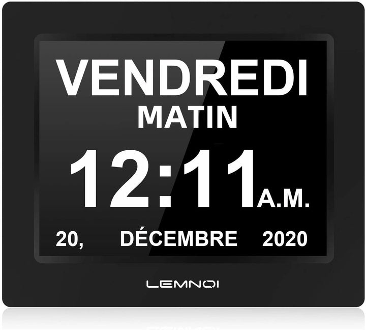 Lemnoi LCD-Digitaluhrkalender Datum Tag und Uhrzeit Nicht abgekürzte Uhr Automatisches Dimmen 8 Spra