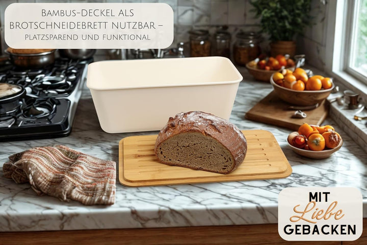 MOON HOME Brotkasten - Airlock White, mit vielseitigem Deckel aus Bambus/Holz als Brotschneidebrett,