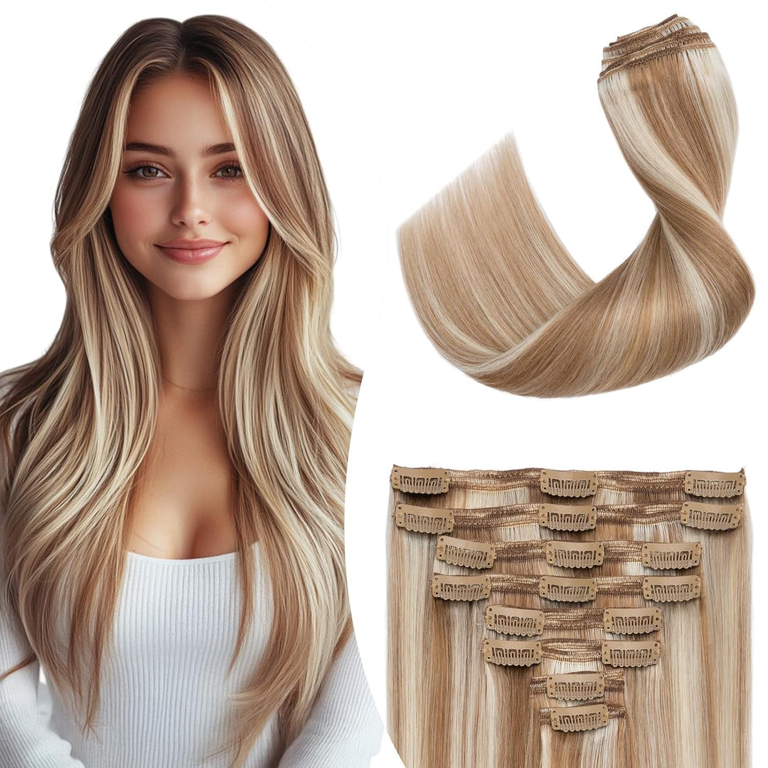 Elailite Clip in Extensions Echthaar Haarteile 100% Remy Haar Haarverlängerung Doppelt 8 Tressen dic