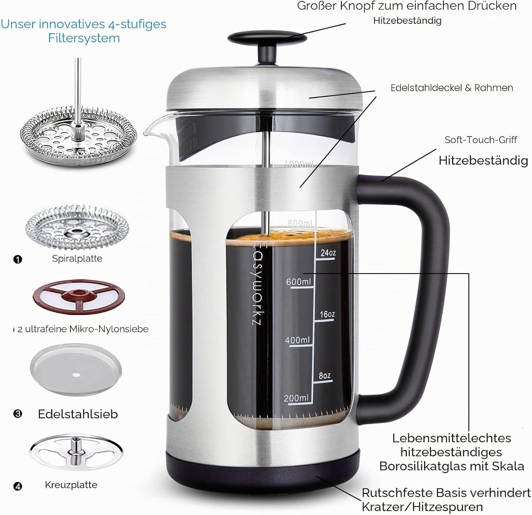 Easyworkz French Press Kaffeebereiter Kaffeepresse aus Edelstahl mit Borosilikatglas,rutschfester we