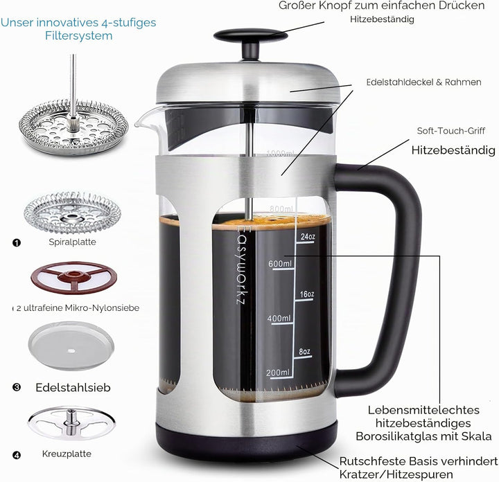 Easyworkz French Press Kaffeebereiter Kaffeepresse aus Edelstahl mit Borosilikatglas,rutschfester we