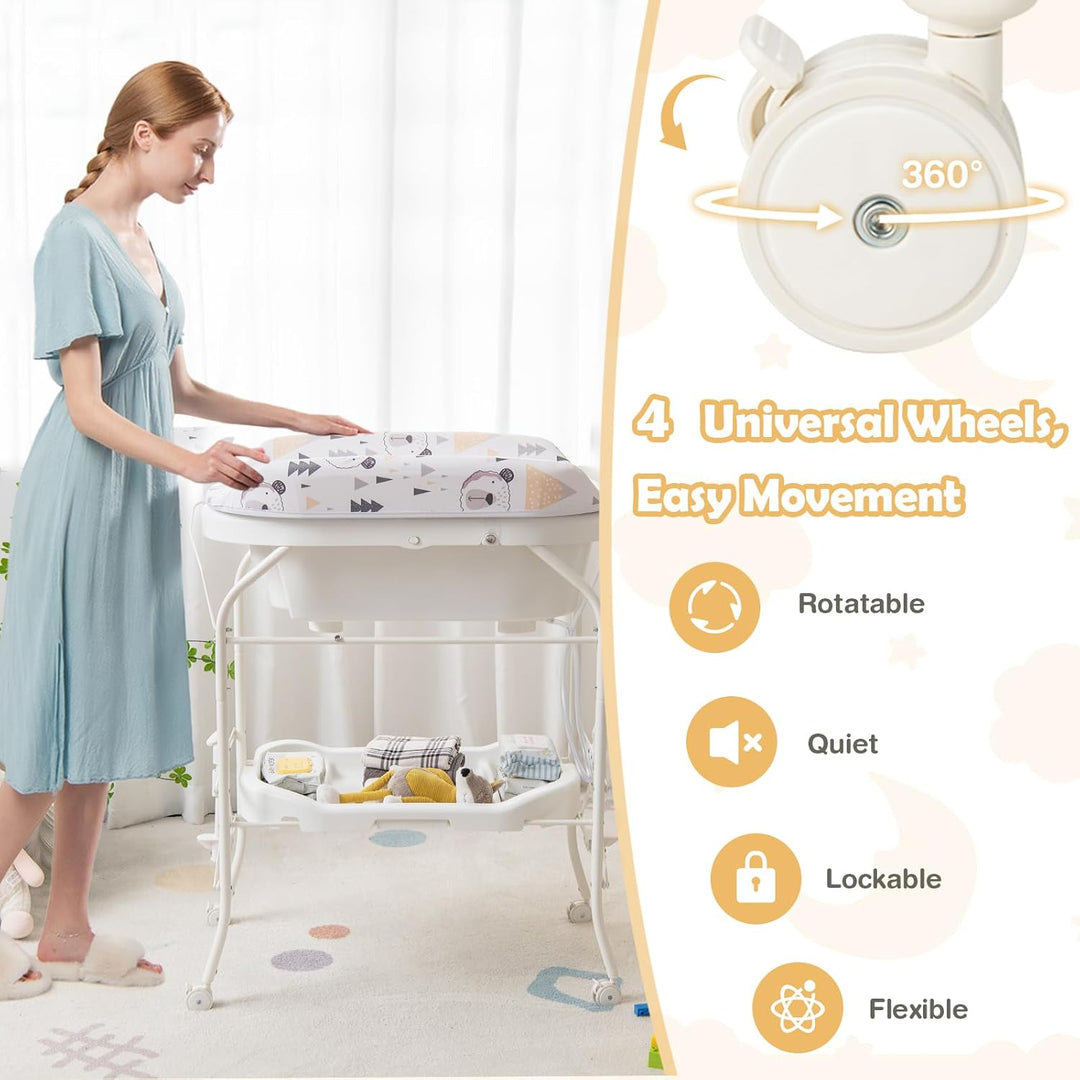 FANTASK 4 in 1 Wickeltisch mit Badewanne, mobile Babybadewanne mit Universalrädern, tragbare Wickelk
