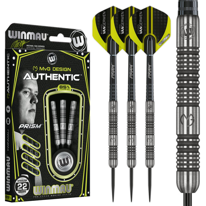 WINMAU Michael van Gerwen MvG Authentic Wolfram Steeltip Dart-Set mit Prismen-Flights und Schäften (