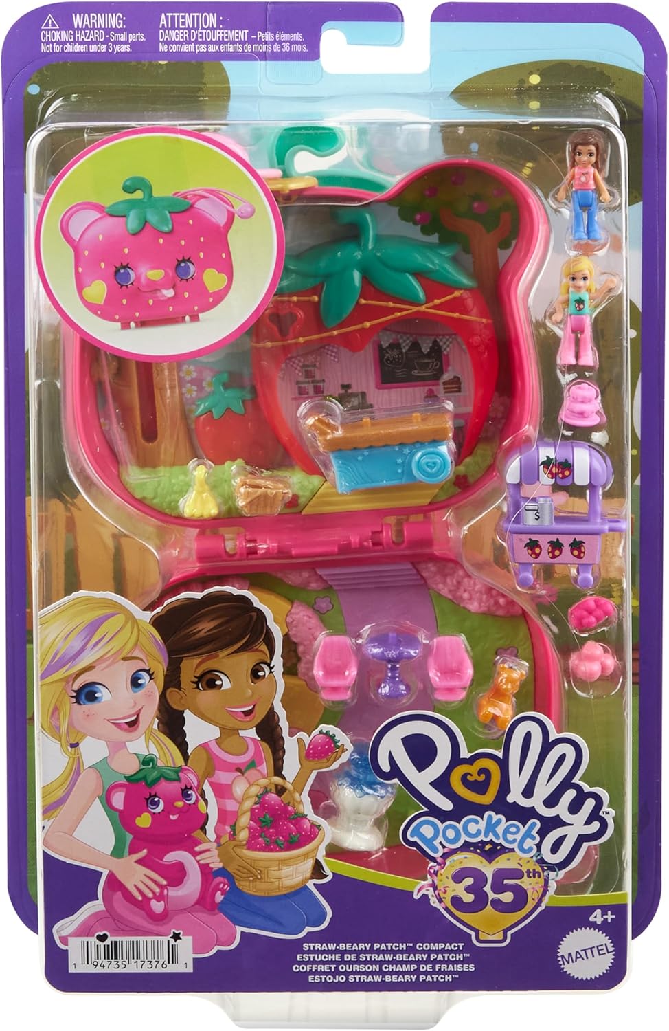POLLY POCKET Erdbeer Bärchen Schatulle - inklusive 2 Puppen, 12 Accessoires und 5 Motiven zum Geschi