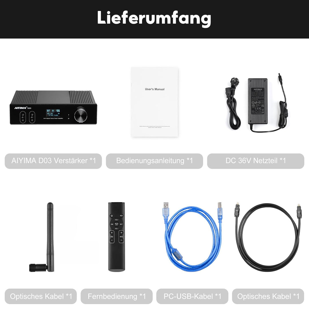 AIYIMA D03 Bluetooth 5.0 Digital-Verstärker 150Wx2 Stereo HiFi 2.0/2.1 CH Desktop Sound Amplificador