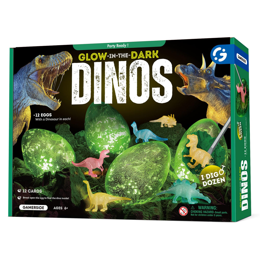 Gamerside Dino Eier zum Ausgraben – 12 Leuchtende Dino-Eier mit Lernkarten – Dino Ausgrabungsset für