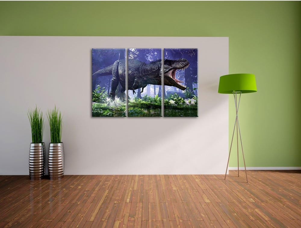 Pixxprint T-Rex Dinosaurier im Wald als Leinwandbild | Grösse: 3 Teilig (120x80) | Wandbild| Kunstdr