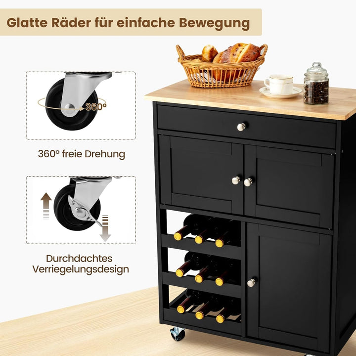 FANTASK Küchenwagen auf Rollen, Servierwagen mit Schubladen & 3-stöckigem Weinregal & Arbeitsplatte