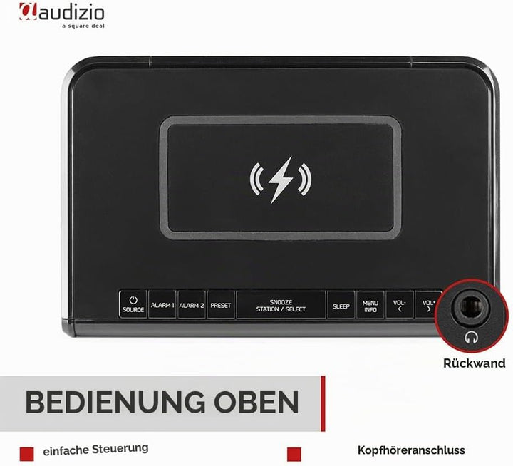 Audizio Cuneo Radio Wecker, Uhr-Radio DAB+ mit kabellosem Laden - Kristallklarer Sound und praktisch