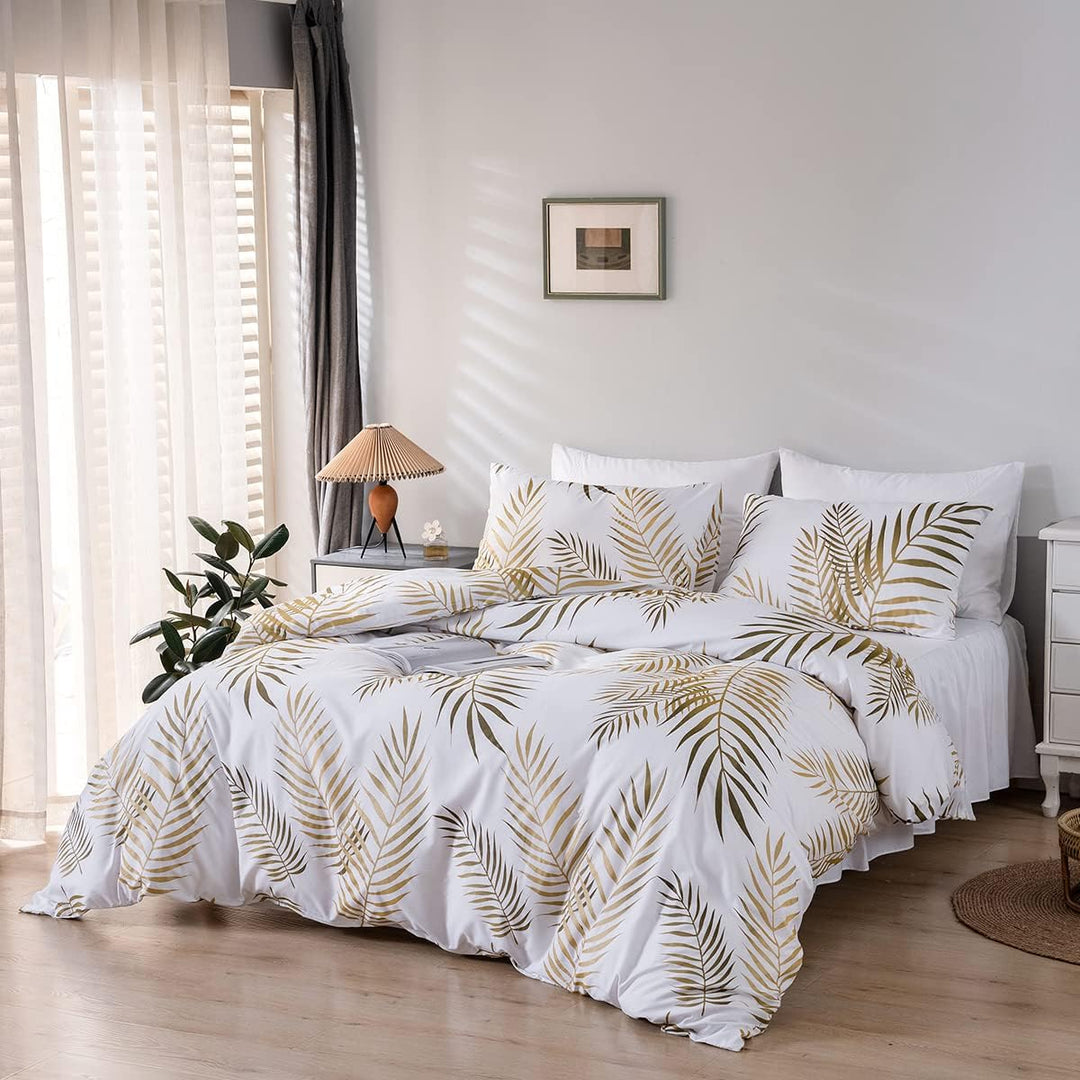 Damier Bettwäsche 155x220cm Gold Weiss Blätter Muster Deckenbezug Weiche Microfaser Bettbezug Set mi