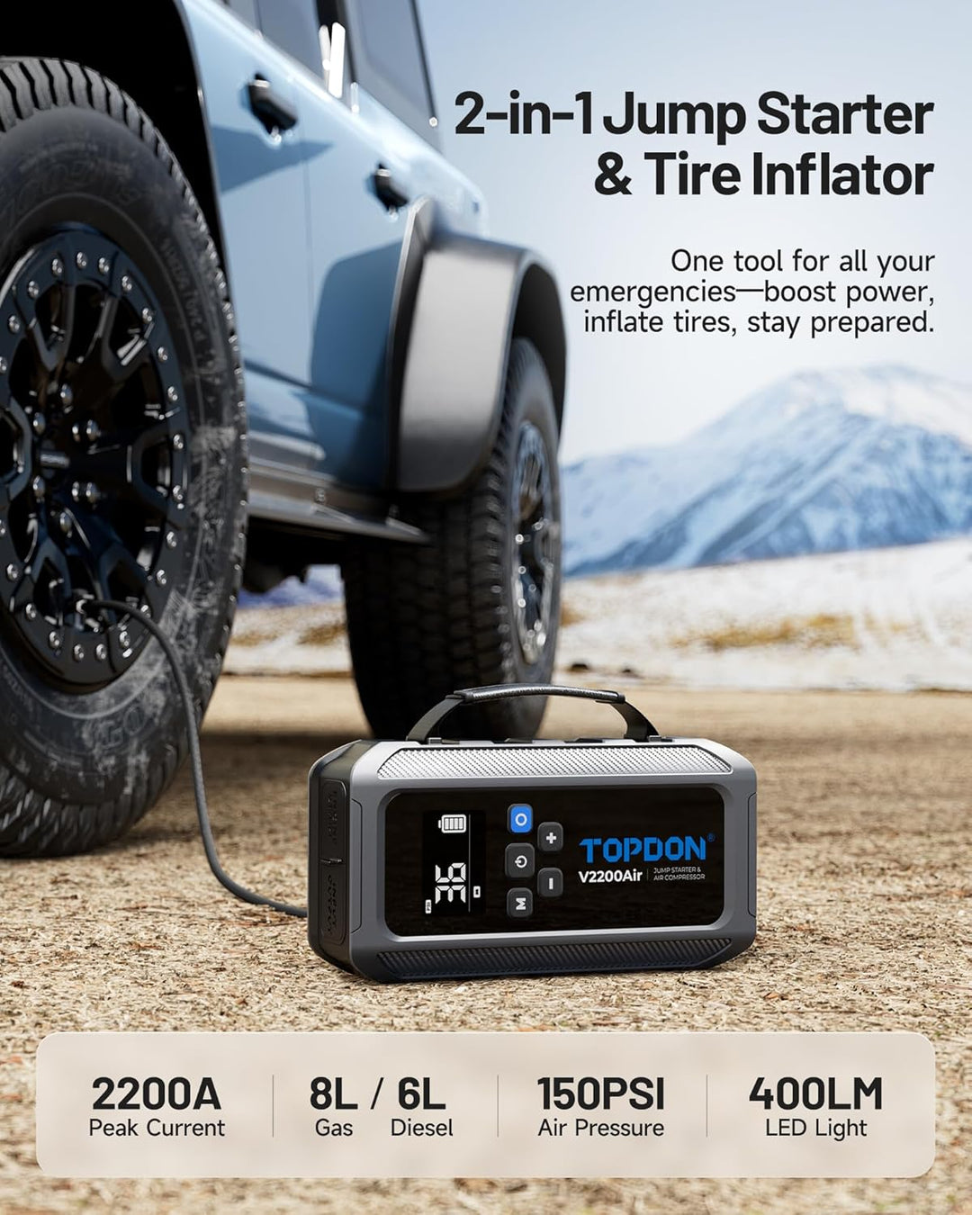 TOPDON V2200Air Starthilfe Powerbank für PKW mit 150PSI Luftkompressor, 8L Benzin&6L Dieselmotoren,