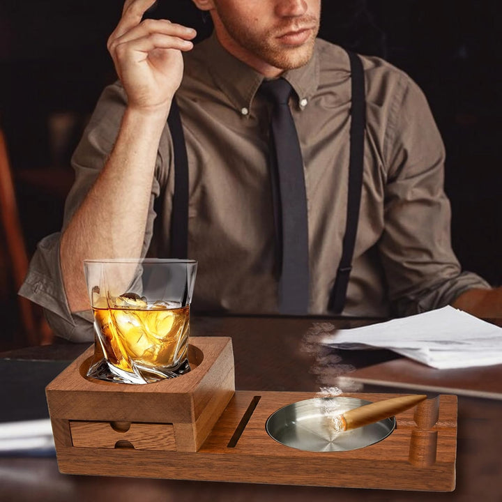 Zigarren-Aschenbecher, Whiskey-Untersetzer, Holzuntersetzer, Tablett und Zigarrenhalter mit Schublad