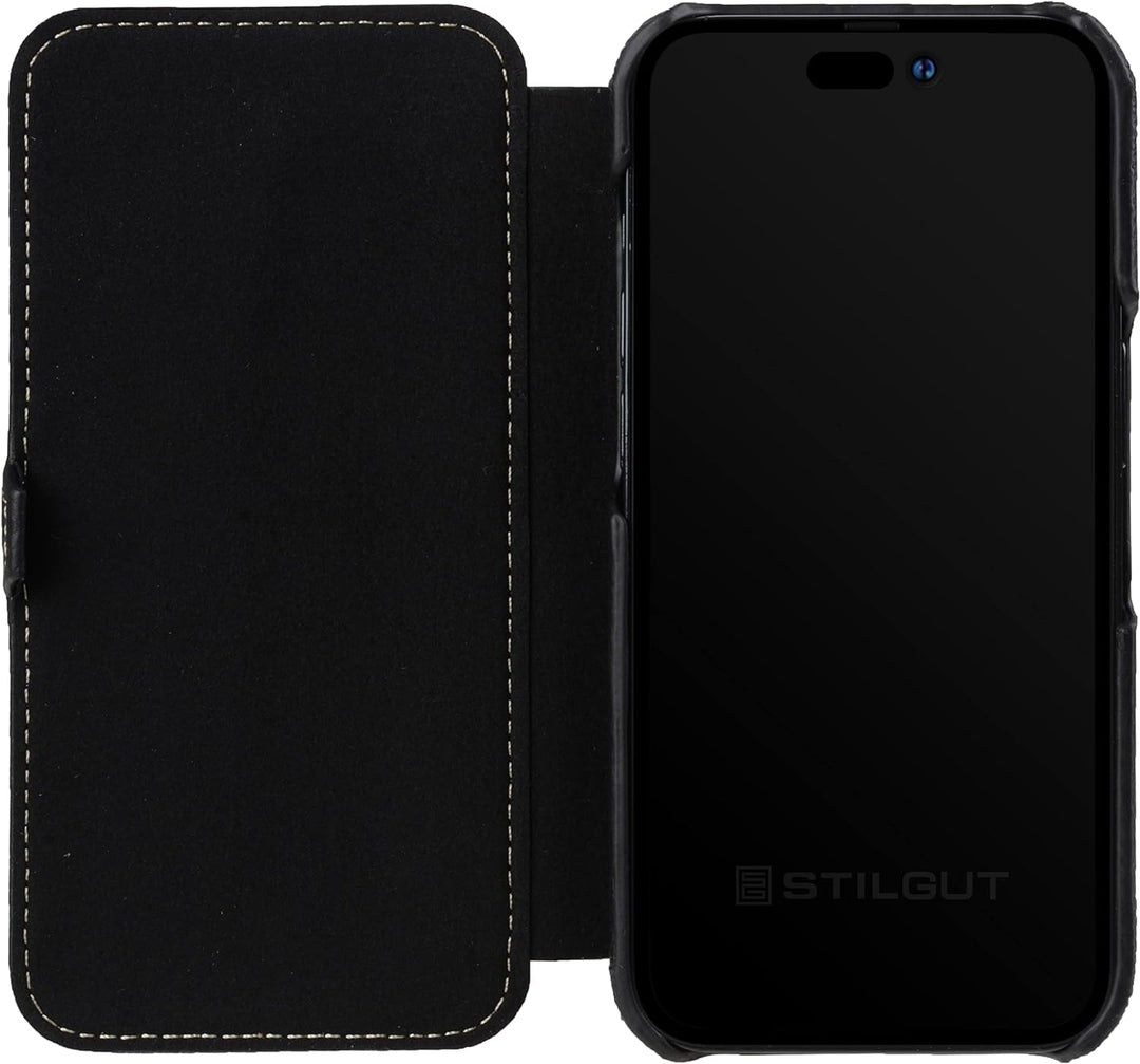 STILGUT Book Case kompatibel mit iPhone 14 Pro (6.1“) Hülle aus Leder mit Clip-Verschluss, Klapphüll