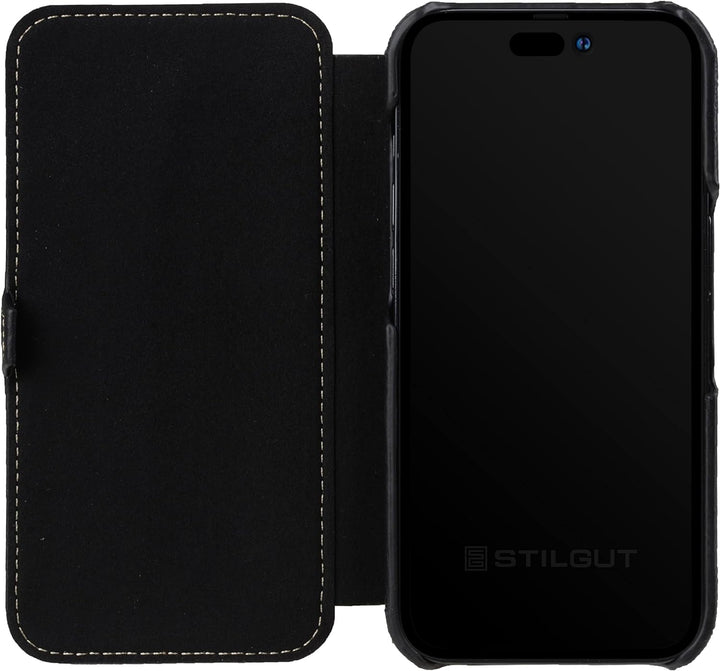 STILGUT Book Case kompatibel mit iPhone 14 Pro (6.1“) Hülle aus Leder mit Clip-Verschluss, Klapphüll
