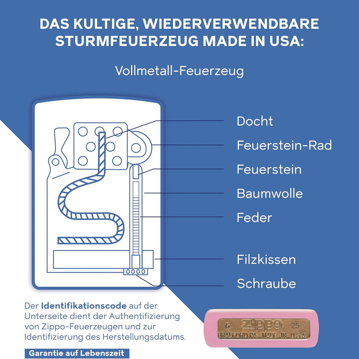 ZIPPO - Pink Matte mit Logo - nachfüllbares Sturmfeuerzeug in hochwertiger Geschenkbox (Flammenmotiv