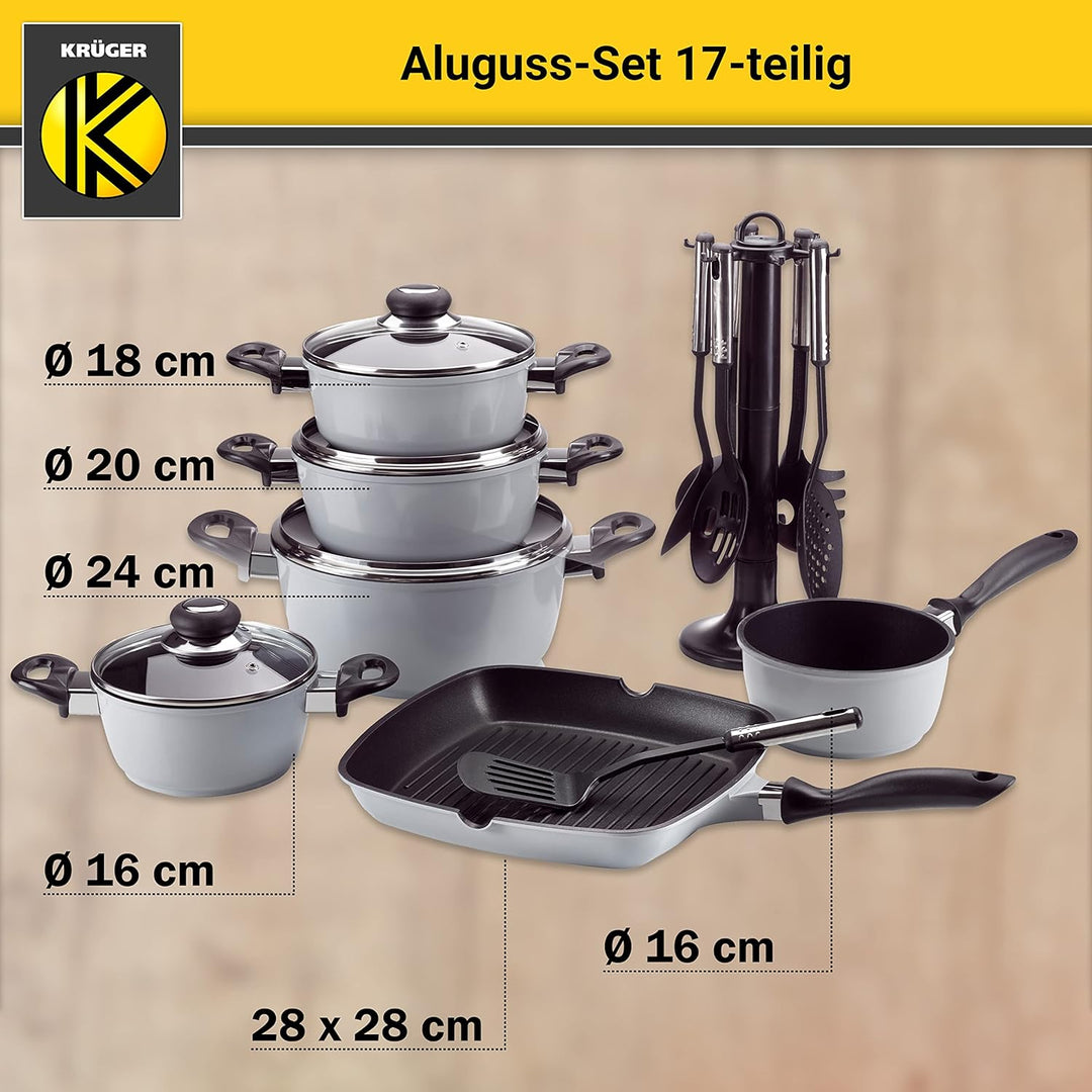 Krüger Aluguss-Set 17-teilig - antihaft-versiegeltes Topf- und Pfannenset mit Küchenhelfer - hohe Hi