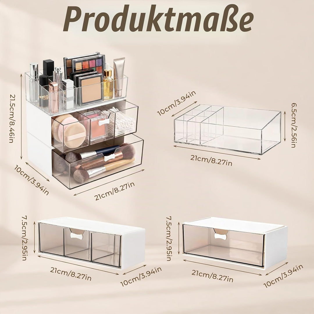 Stapelbarer Kosmetik Organizer 3er Set, Make-up Organizer mit Lippenstiftfach, Einzelfach und 3-Fäch