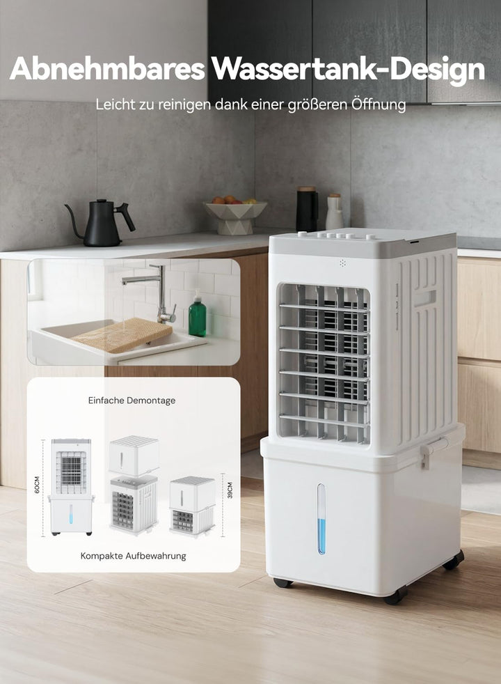 Mobile Klimaanlage, 3-in-1 Luftkühler, Verdunstungskühler, 12L Wassertank, 3 Kühlakkus, 3 Geschwindi