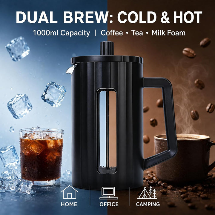 French Press Kaffeepresse 1000ml/34oz, Kaffeezubereiter aus heissfestem Glas mit Edelstahlfilter, BP