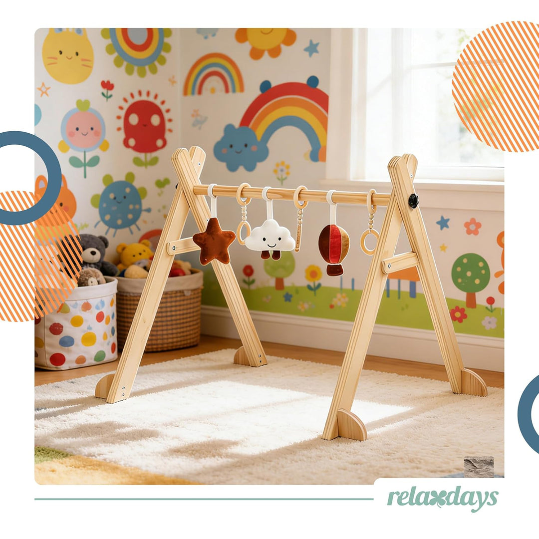 Relaxdays Spielbogen Holz, 6 abnehmbare Anhänger, HBT: 55 x 68 x 59,5 cm, Motorik fördern, Baby Gym,