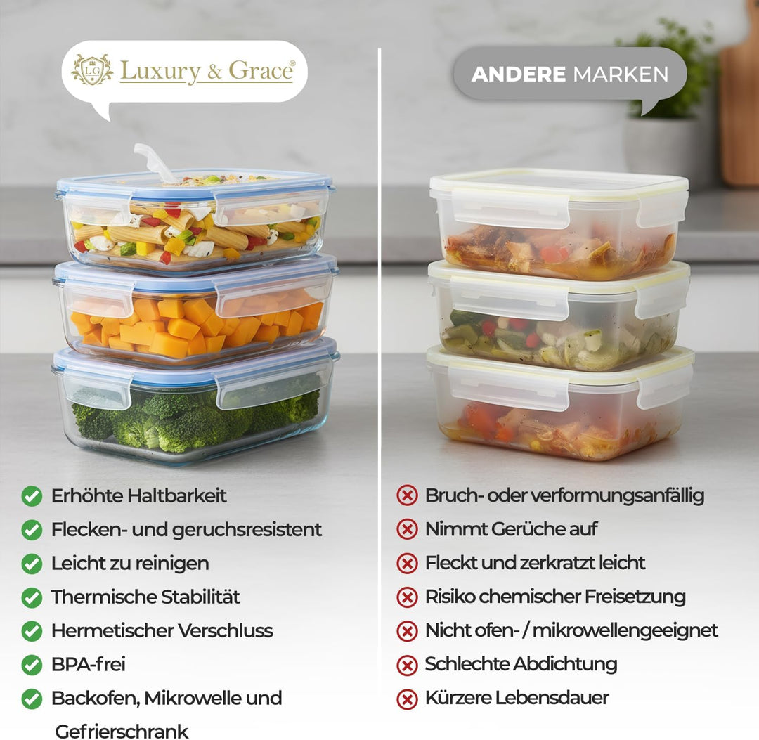 LG Luxury &amp; Grace 4er Packung Glas Frischhaltedosen 1000 ml. Luftdicht und Dampfloch. Geeignet für M