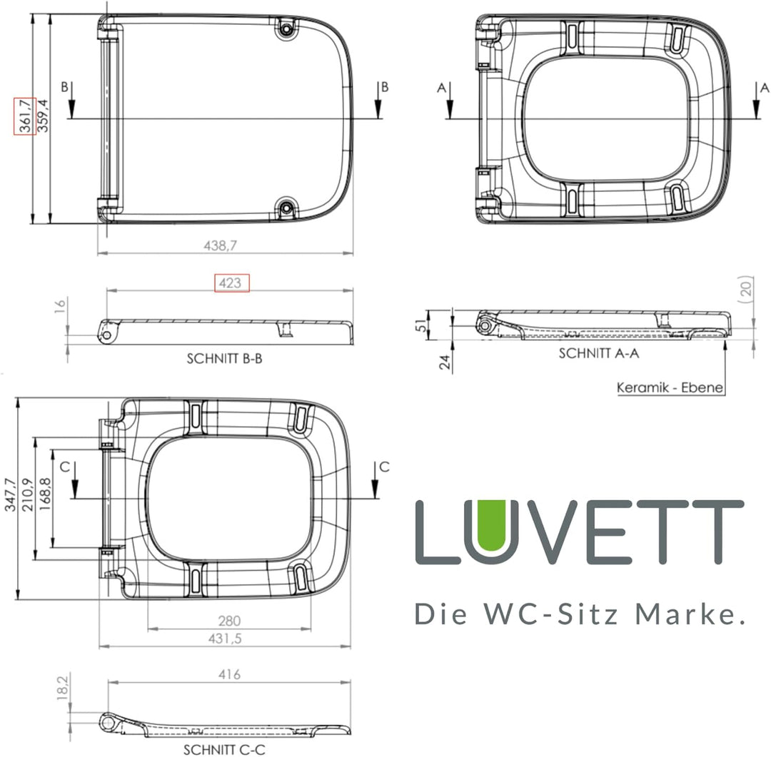 LUVETT® WC-Sitz inkl. 3 Edelstahl Montagelösungen & Absenkautomatik Softclose, Made in EU, antibakte